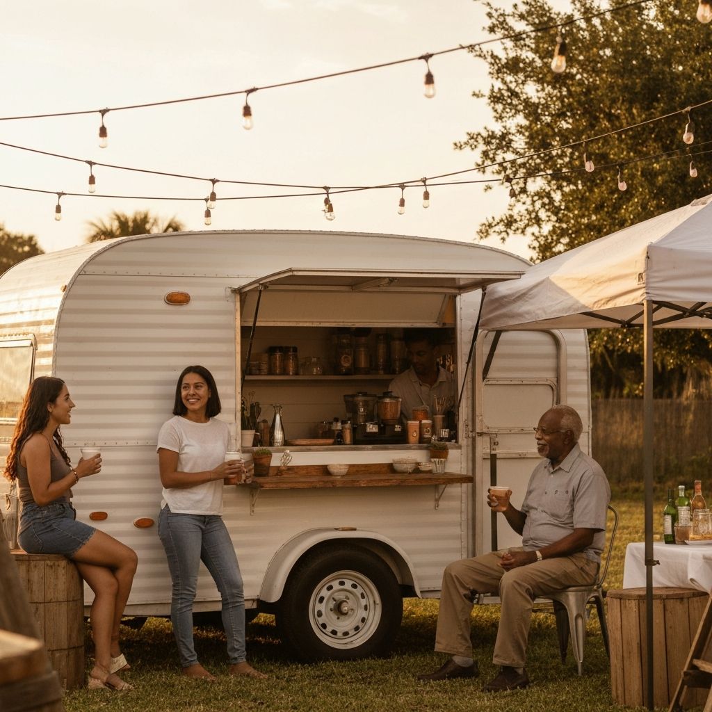 Cupboard Coffee Co trailer at a community event under string lights at golden hour